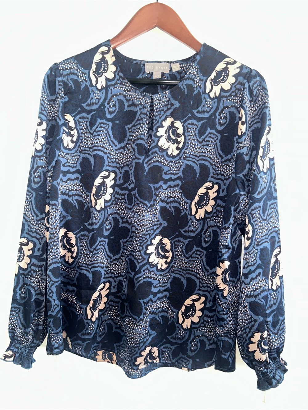 Ted Baker Blue Floral Print Keyhole Long Sleeve Blouse Size L